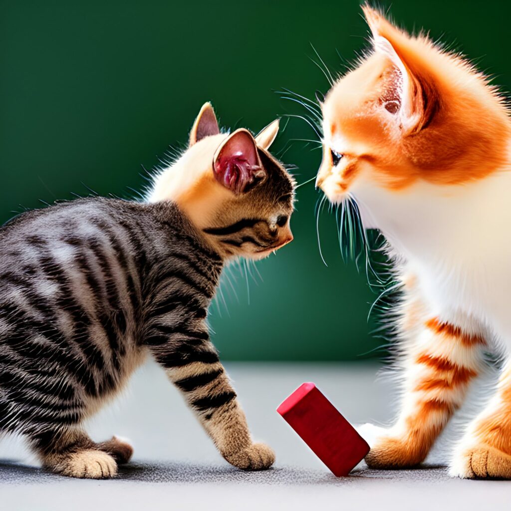 a kitten and a cat playing with a cricket
